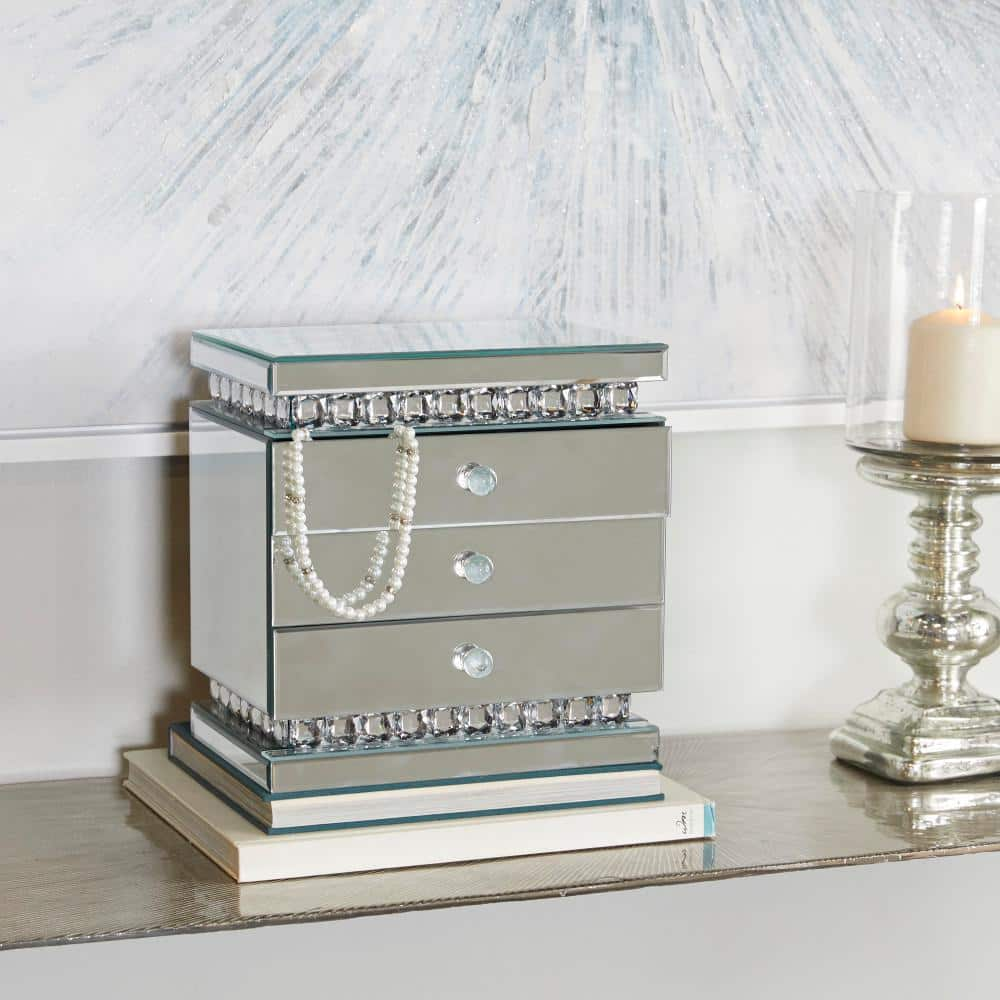 Litton Lane Silver Wood Mirrored 3 Drawers Jewelry Box with Crystal Embellishments