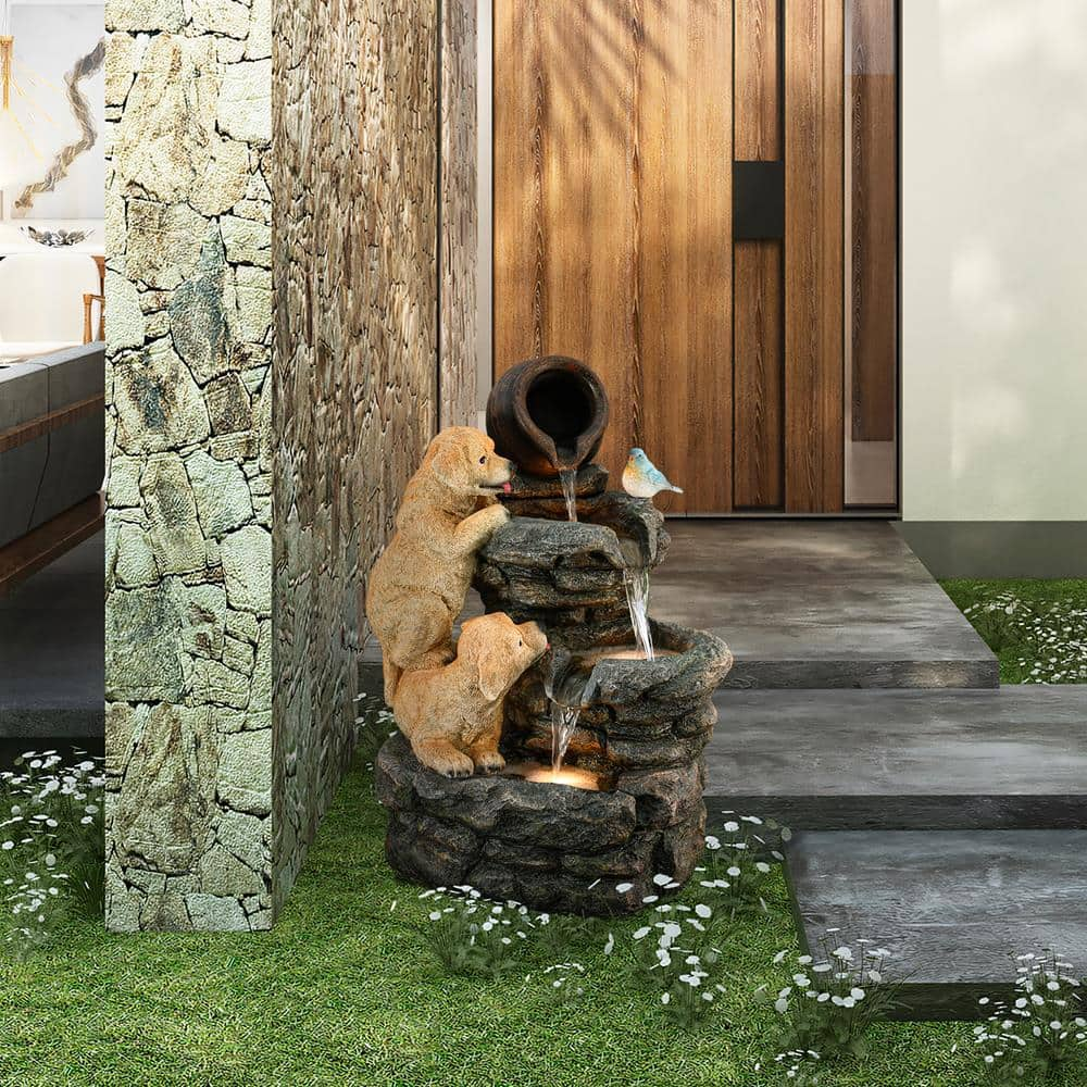 LuxenHome Puppy Rock Tower Farmhouse Resin Outdoor Waterall Fountain with Lights