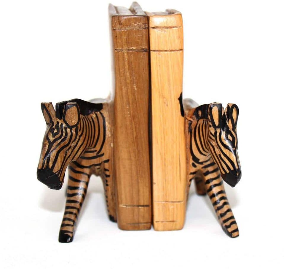 Global Craft African Carved Brown Wood Zebra 4 in. Book Ends With 1 Shelve