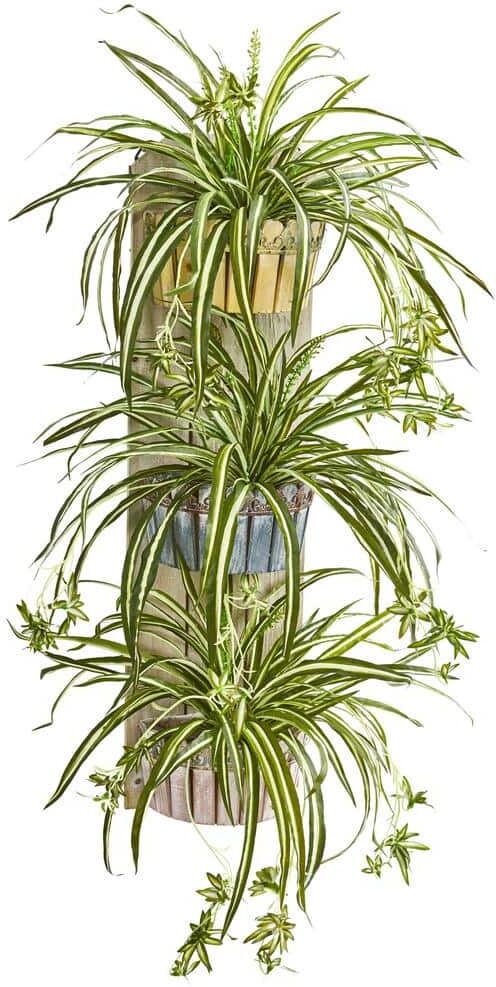 Nearly Natural 39 in. Indoor Artificial Spider Plant in 3-Tiered Wall Decor Planter