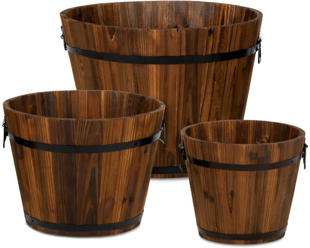 Best Choice Products Rustic Wood Bucket Planter Set with Drainage Holes (3-Pack)