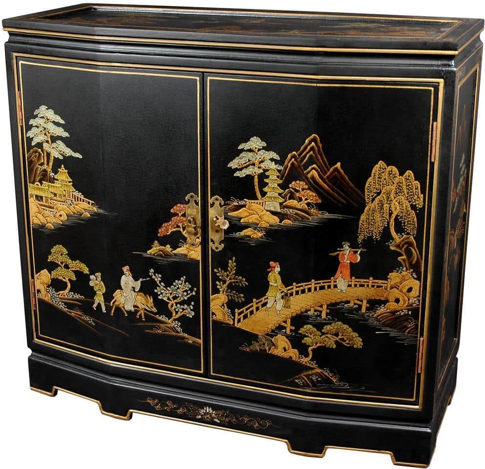 Oriental Furniture Black Lacquer Japanese Slant Front Cabinet