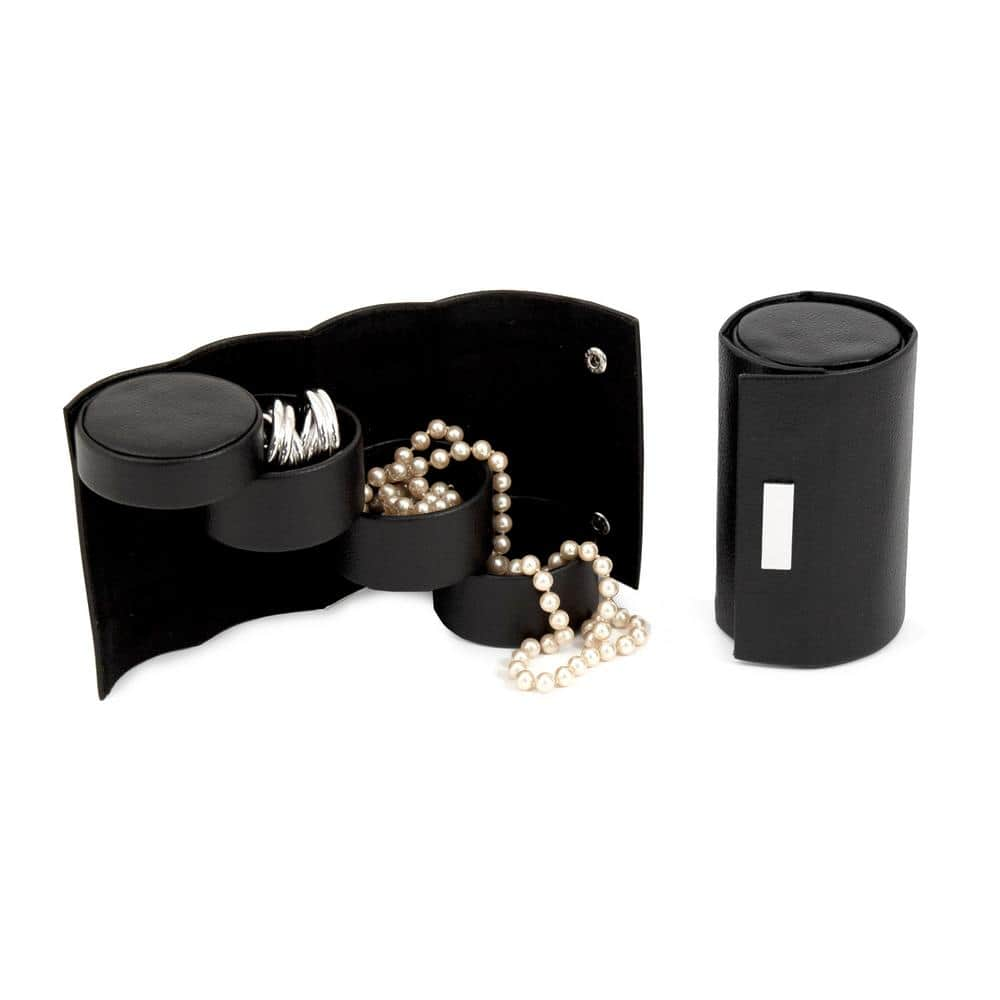 BEY-BERK Black Leatherette 3-Level Jewelry Roll