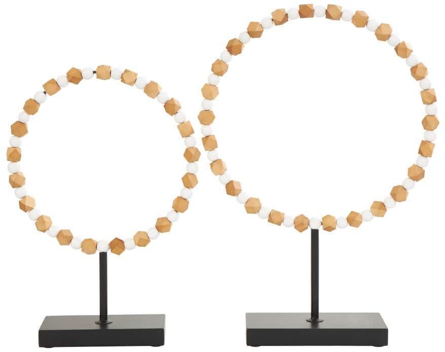 Litton Lane Brown Wood Geometric Beaded Ring Geometric Sculpture with Black Metal Stands (Set of 2)