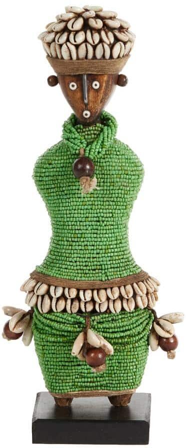 Litton Lane Small Hand-Crafted Pine Wood, Cowrie Shells, Green Beads and Kente Cloth African Woman Namji Doll