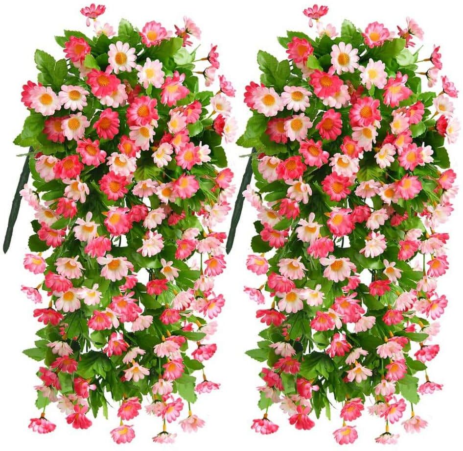 23 in. Pink Artificial Hanging Flowers, Fake Plant Hanging Multicolor Daisy Flower Bouquet, 2-piece