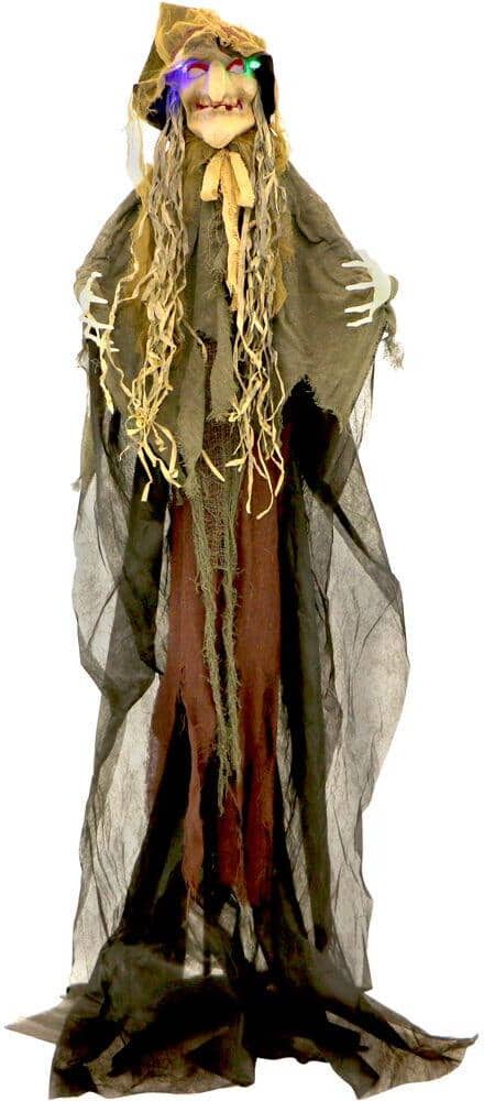 Haunted Hill Farm 6 ft. Scarecrow Witch, Indoor/Covered Outdoor Halloween Decoration, LED Multi Eyes, Poseable, Battery-Operated, Helena