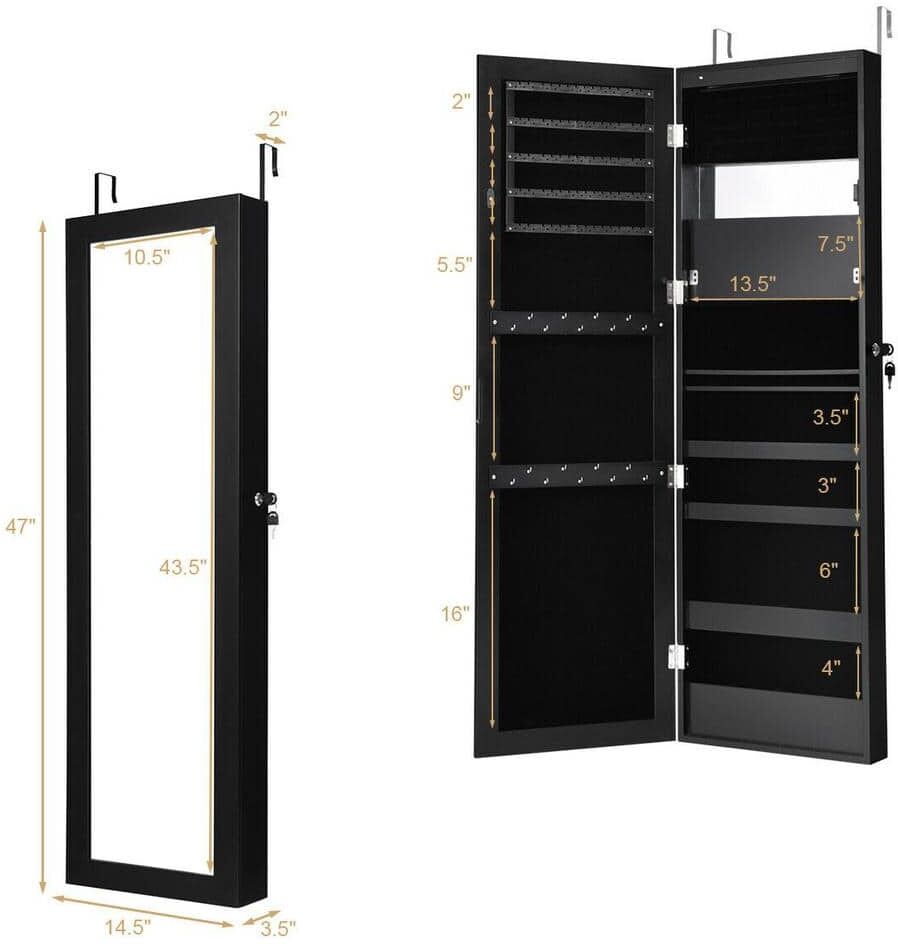 Gymax 47 in. H x 14.5 in. W x 3.5 in. D Wall Door Mounted Lockable Jewelry Cabinet Armoire Organizer with LED Black