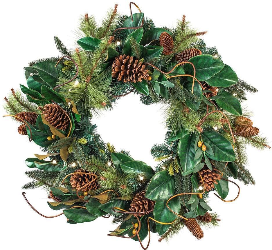 Village Lighting Company 30 in. Artificial Pre-Lit LED Magnolia Leaf Wreath