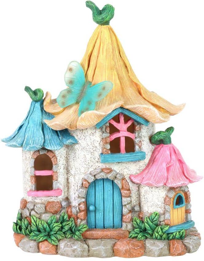 Exhart Solar Pastel Petal Roof Fairy House, 9 x 7 x 11 in. Garden Statue