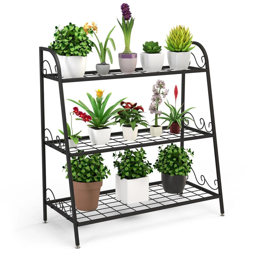 Costway 13 in. 3-Tier Indoor/Outdoor Black Steel Plant Stand Display Rack Shoe Organizer