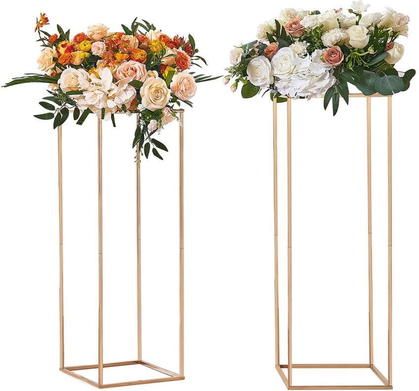 VEVOR 2 PCS 31.5 in./80 cm High Wedding Flower Stand Metal Vase Column Geometric Stands Gold Rectangular Floral Display Rack