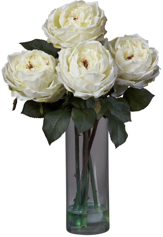 Nearly Natural 18 in. Artificial H White Fancy Rose with Cylinder Vase Silk Flower Arrangement