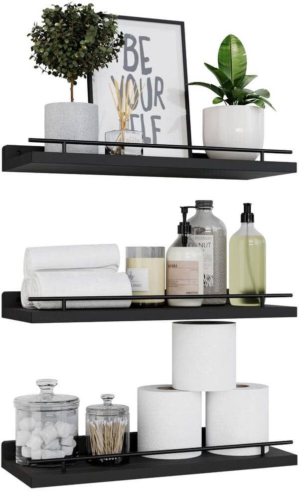 6 in. x 15.7 in. x 1.5 in. Black Wood Decorative Wall Shelves