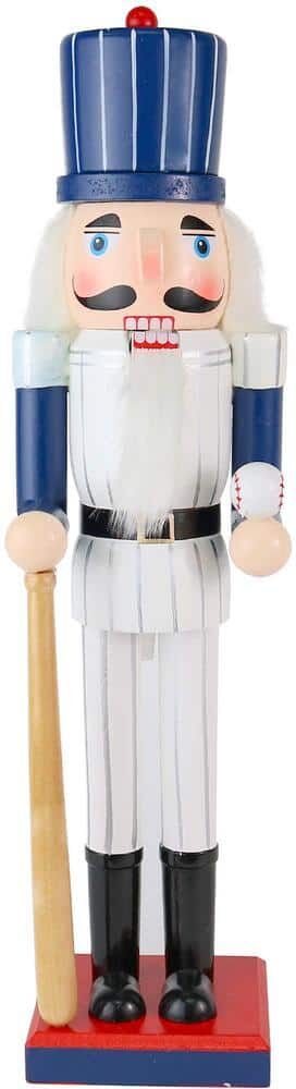 ORNATIVITY 15 in. Wooden Baseball Nutcracker - Baseball Player with White Pin Stripe Uniform and Bat Holiday Decor Nutcracker