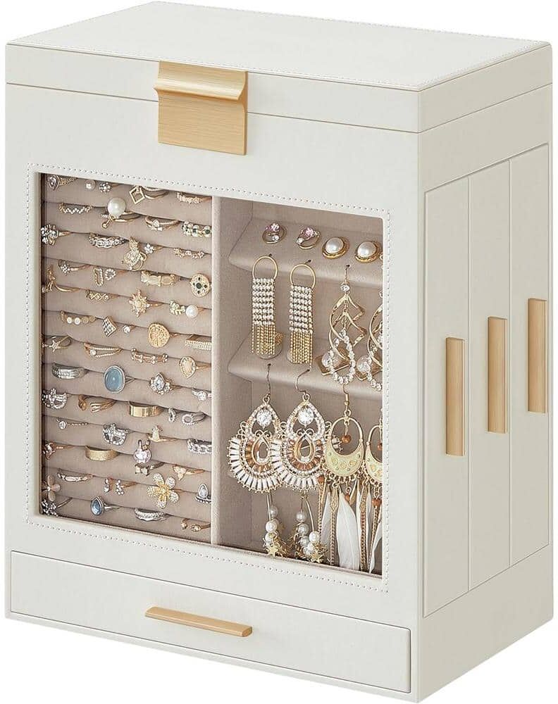 SONGMICS 5-Layer Jewelry Organizer with 3-Side Drawers with Big Mirror, Cloud White and Metallic Gold