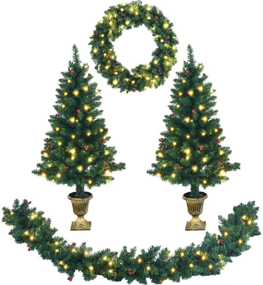 Costway 9 ft. Pre-Lit Christmas Decoration Set Artificial Christmas Garland Wreath and Entrance Trees (4-Pieces)