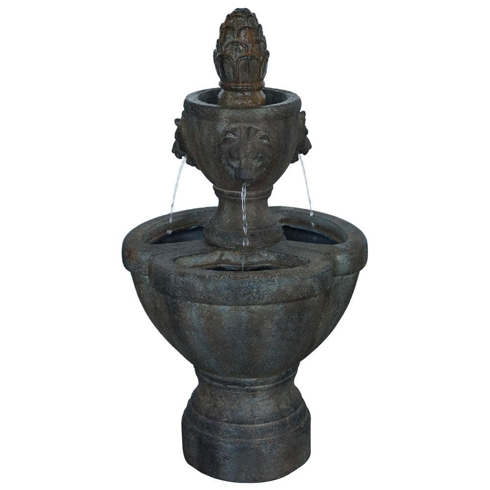 Earth Worth 32 in. 2-Tier Legal Lion's Head Outdoor Water Fountain