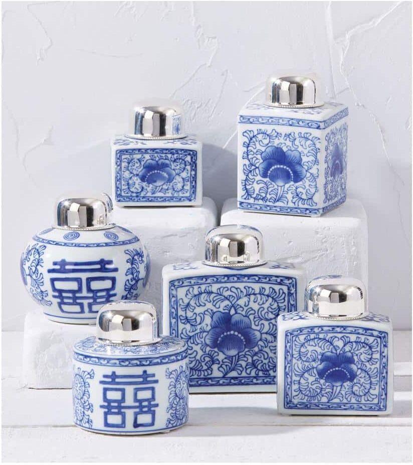 Two's Company Canton Collection Ceramic/Brass Set of 6 Blue and White with Nickel-Plated Lid Tea Jars (Set of 6)