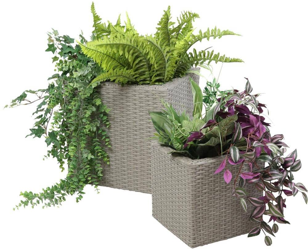 Sunnydaze Decor Gray Sunnydaze Square Polyrattan Indoor Planters - 1 Large/1 Small Planter