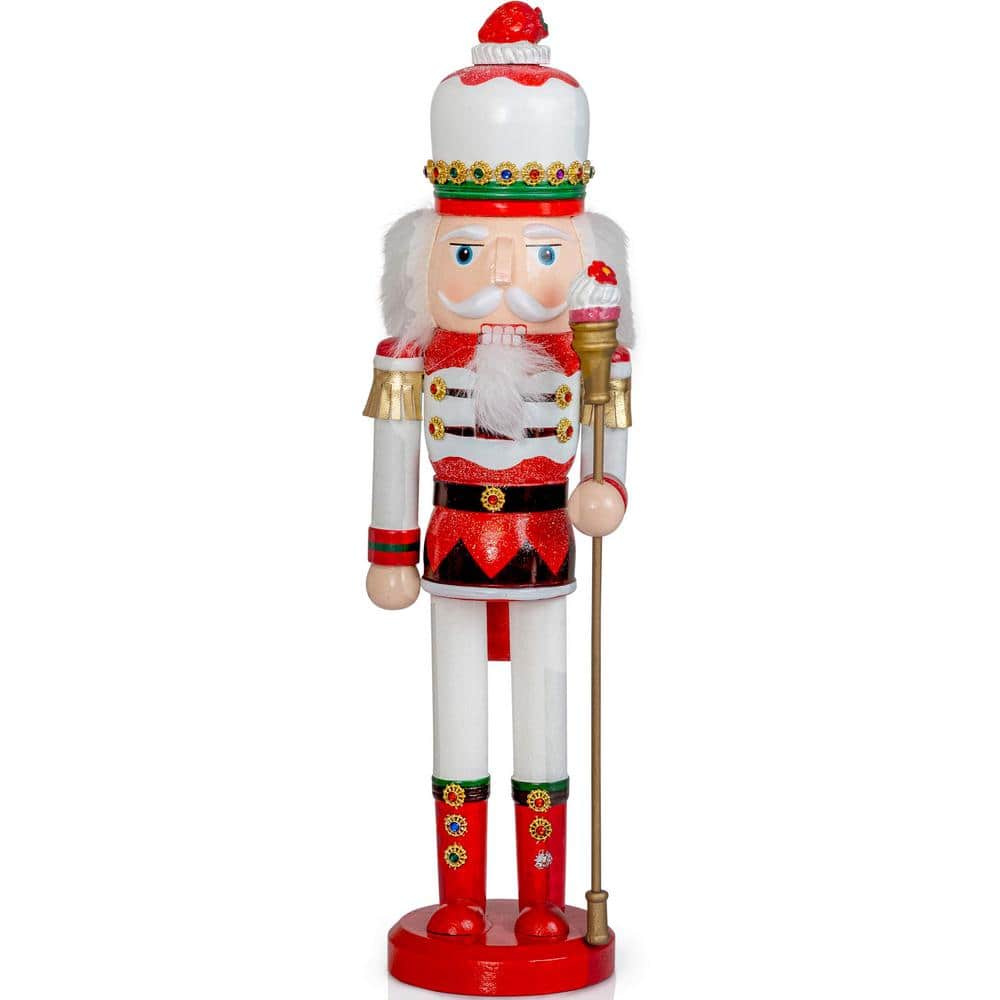 ORNATIVITY 15 in. Wooden Strawberry Toy Soldier Nutcracker-Strawberry Hat with Cupcake Scepter Christmas Holiday Decoration