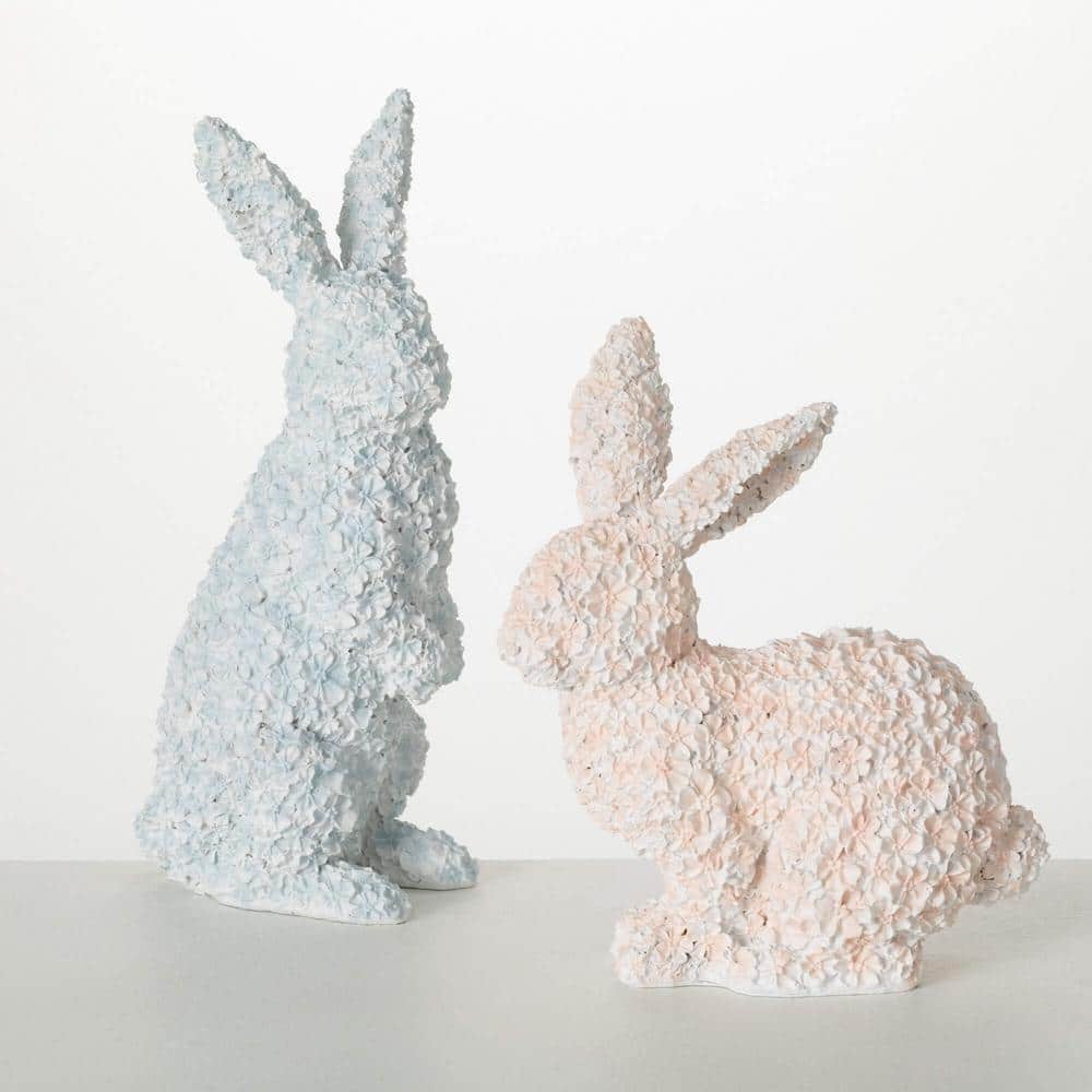 SULLIVANS 9 in. And 12 in. Floral Bunny Figurine Set of 2, Resin
