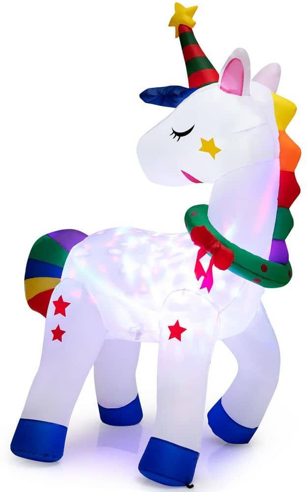 Costway 6 ft. x 4 ft. Tall Christmas Magic Unicorn, Inflatable Unicorn Decoration with Rainbow Tails and Christmas Wreath