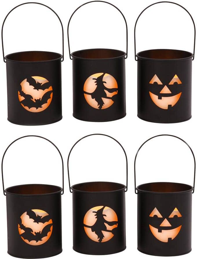 GERSON INTERNATIONAL 3 in. H Black Metal Lighted Halloween Cutout Luminaries Each with Flameless Halloween Candle (Set of 6)