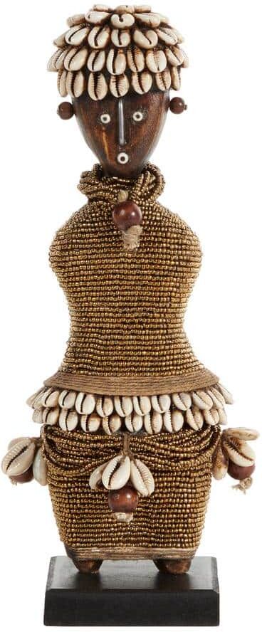 Litton Lane 3 in. x 11 in. Brown Hand-Crafted Pine Wood, Cowrie Shells, Gold Beads and Kente Cloth African Woman Namji Doll