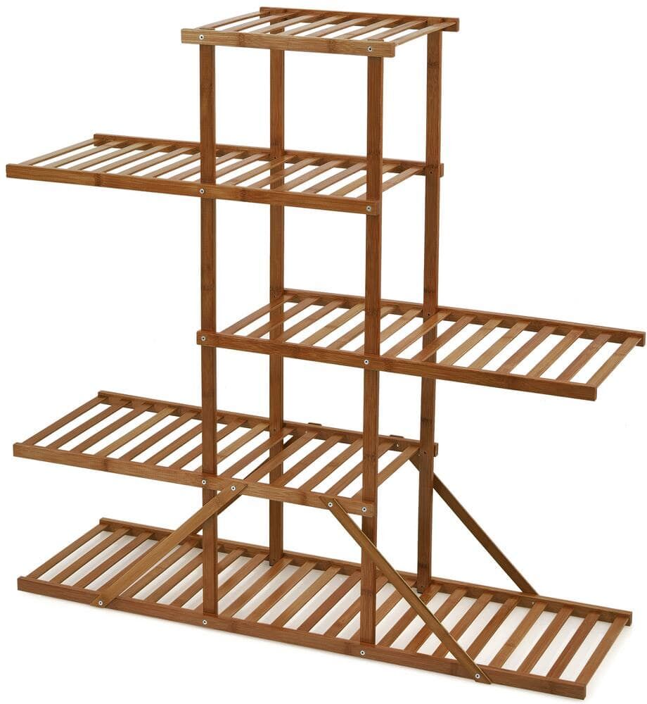 ANGELES HOME 39 in. Tall Indoor/Outdoor White 10 Potted Bamboo Wood Plant Stand (5-Tiered), Brown