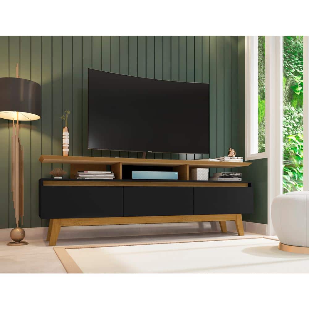 Manhattan Comfort Yonkers 70.86 in. Black and Cinnamon TV Stand Fits TV's up to 65 in. with Cable Management