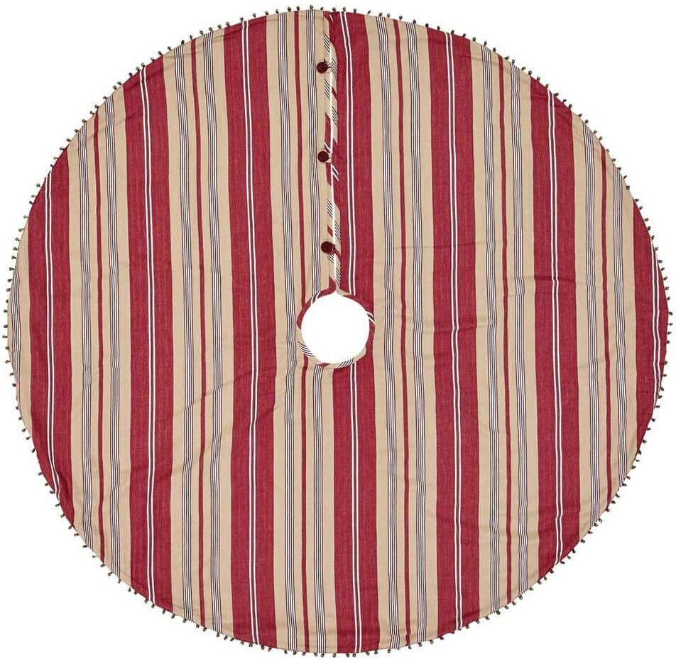 VHC Brands 48 in. Vintage Stripe Candy Apple Red Farmhouse Christmas Decor Tree Skirt