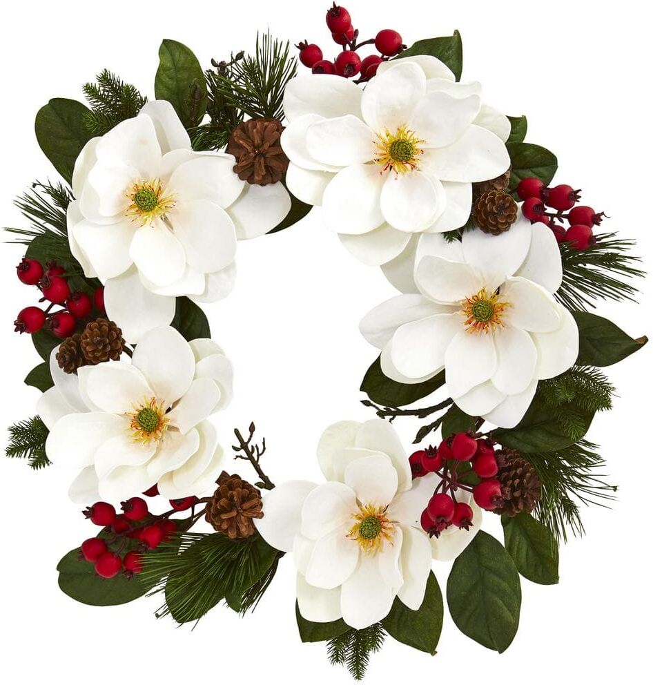 Nearly Natural 26 in. Artificial Magnolia, Pine and Berries Wreath