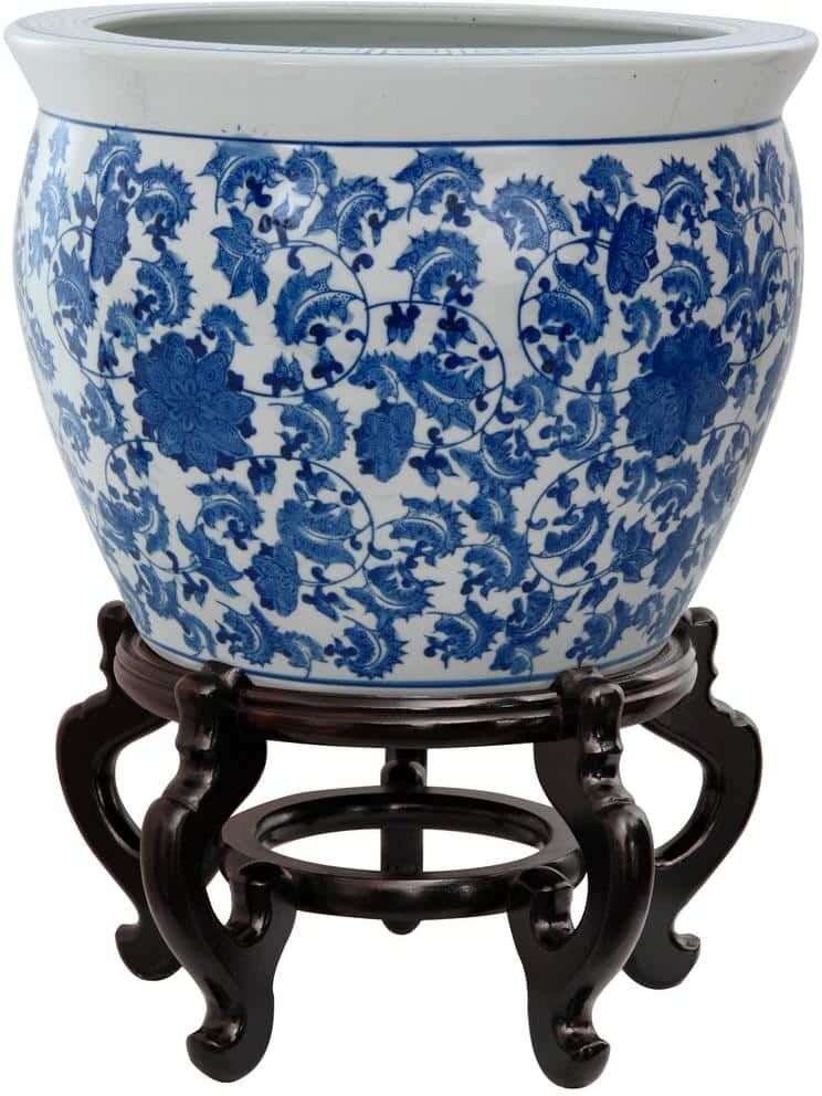 Oriental Furniture 16 in. Floral Blue and White Porcelain Fishbowl