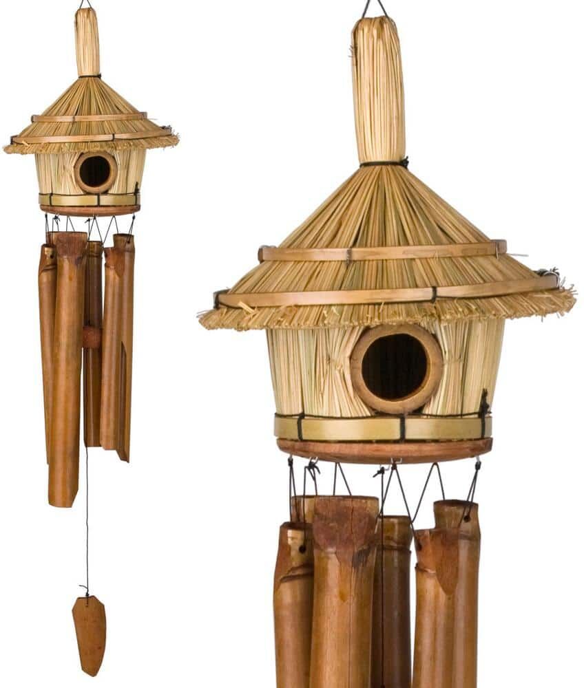 WOODSTOCK CHIMES Asli Arts Collection, Thatched Roof Birdhouse Bamboo Chime, 32 in. Wind Chime C707