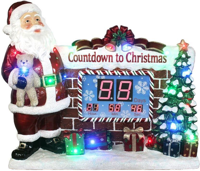 Fraser Hill Farm 33.5 in. Red Christmas Musical Countdown Clock with Santa, Tree and Presents with Long-Lasting LED Lights