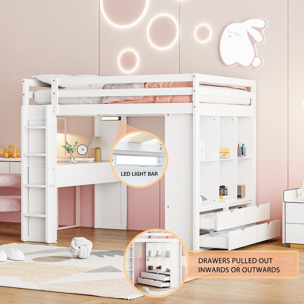 Harper & Bright Designs White Wood Full Size Loft Bed with Multiple Shelves, 6-Drawer, Built-In Desk, LED Light