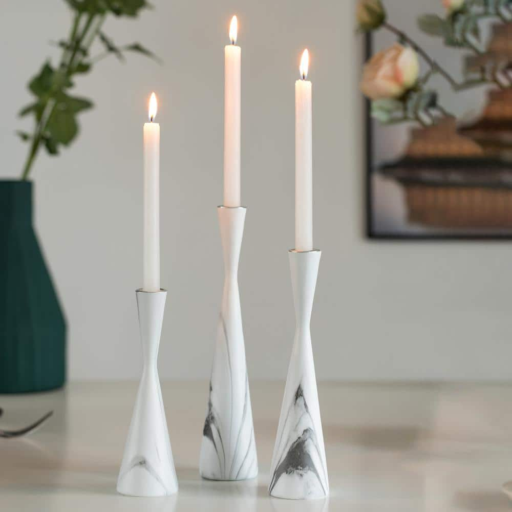 FABULAXE Marble Resin Candle Holders - Set of 3 Taper Candlesticks for Home Decor, Table Centerpieces, Interior Accents, White