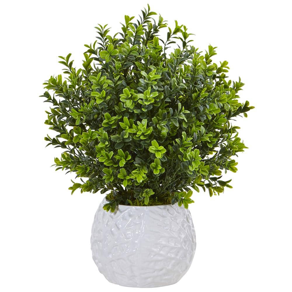 Nearly Natural Indoor/Outdoor Artificial Boxwood Artficial Plant in White Vase