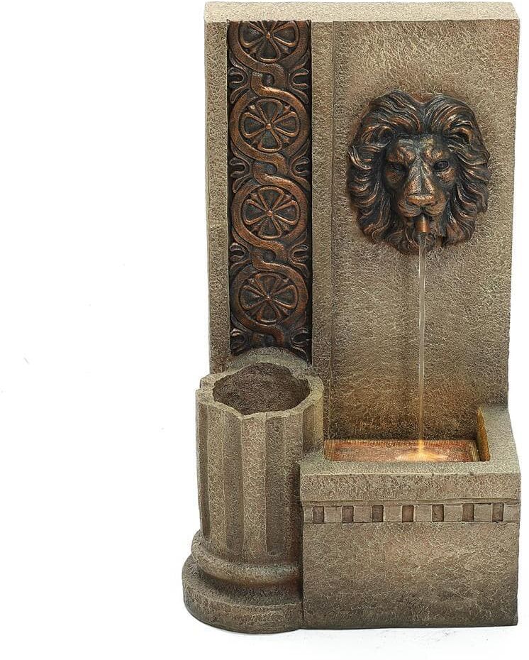 LuxenHome 25.8 in. H Sandstone Resin Regal Lion Head Floor Outdoor Waterfall Fountain with Lights