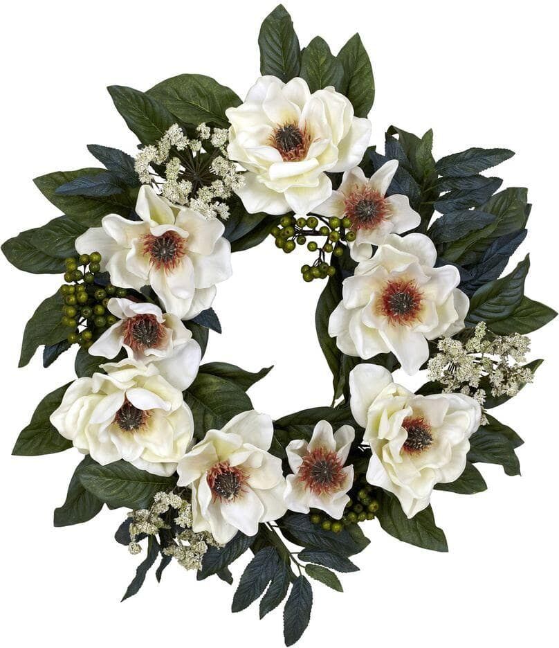 Nearly Natural 22.0 in. Artificial H White Magnolia Wreath