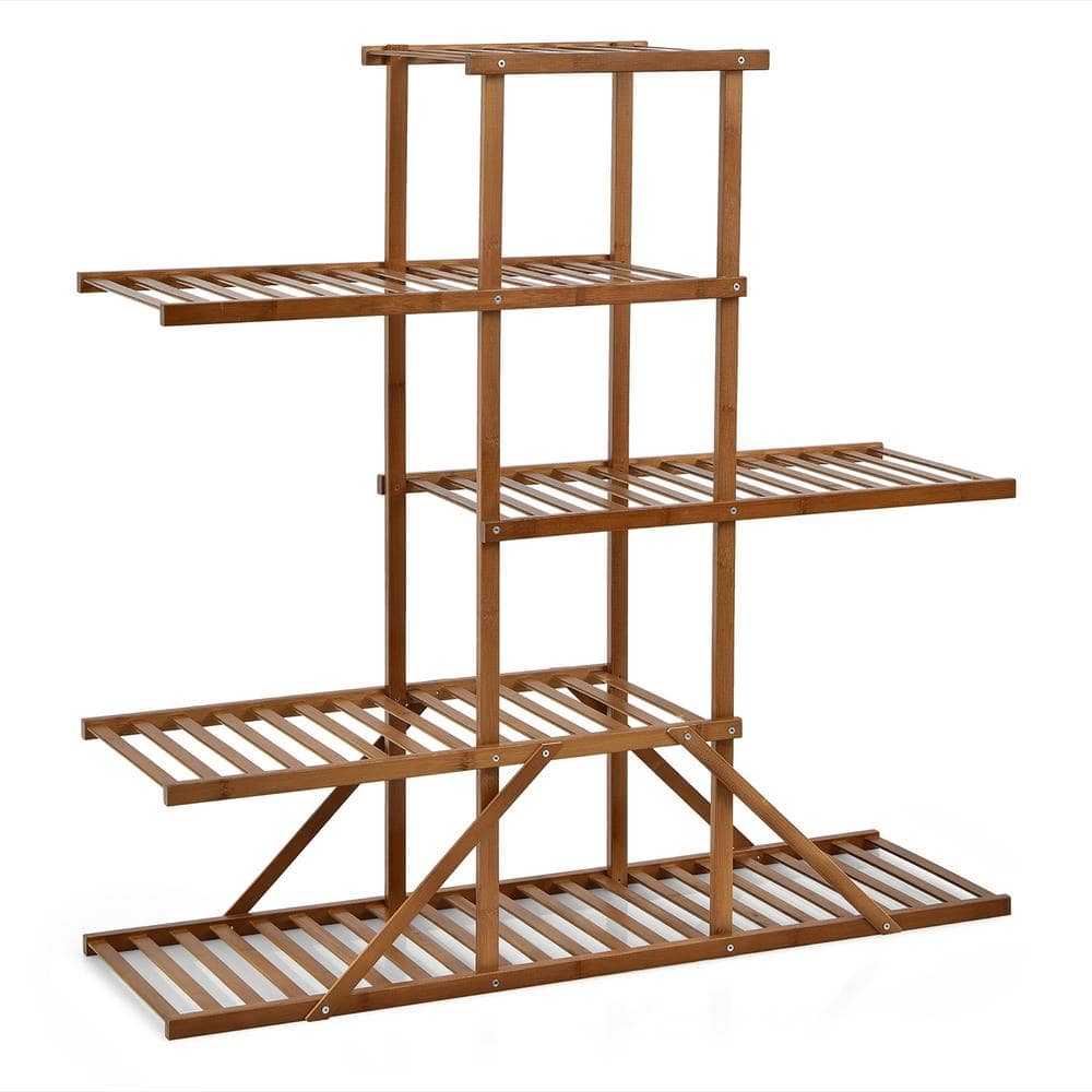 Costway 39 in. x 12.5 in. x 39 in. Indoor/Outdoor Brown Wood Plant Stand 10 Potted Plant Shelf Display Holder 5-Tier