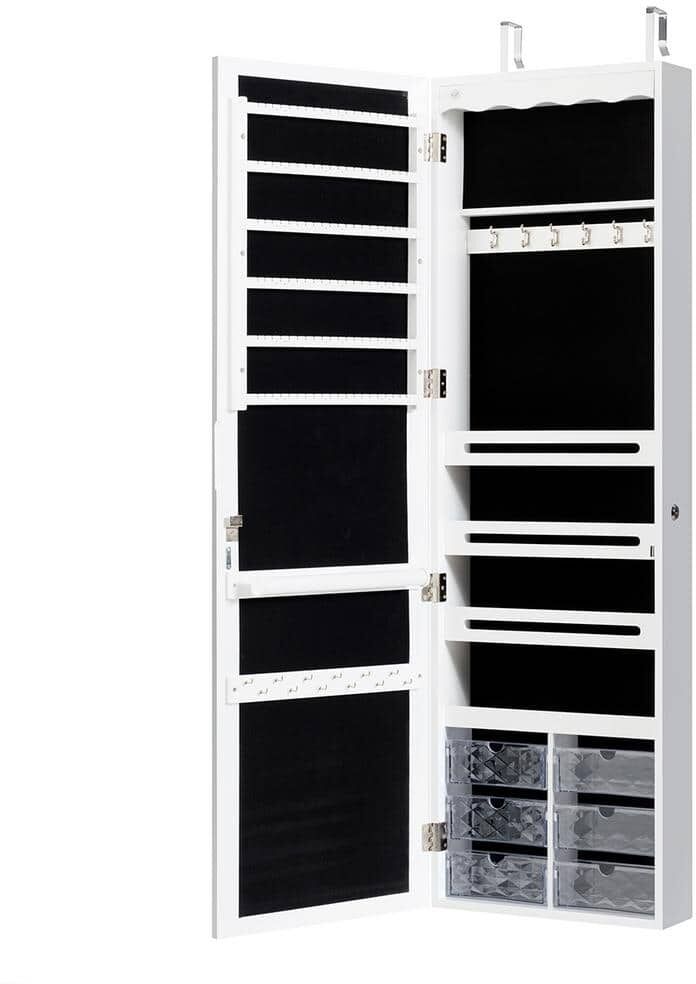 HONEY JOY White Lockable Wall Mounted Jewelry Armoire with Mirror and LED Lights 47.5 in. H x 4.5 in. W x 14.5 in. L