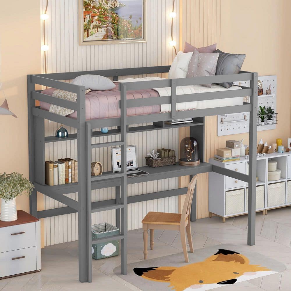 URTR Gray Twin Size Loft Bed with Desk, Wooden Loft Bed Frame with Shelves, Built in Ladder, Loft Bed for Kids Teens