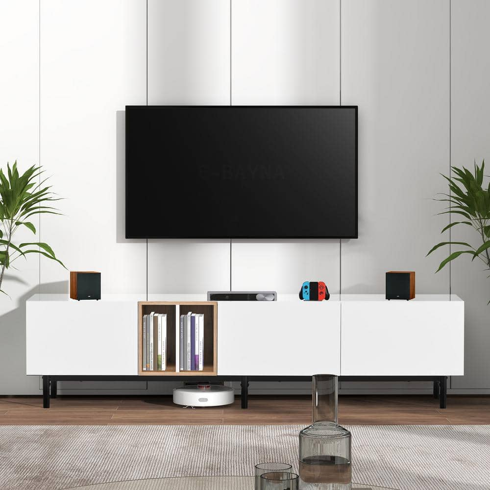 Harper & Bright Designs Modern White TV Stand Fits up to 80 in. TV with Drop Down Cabinets