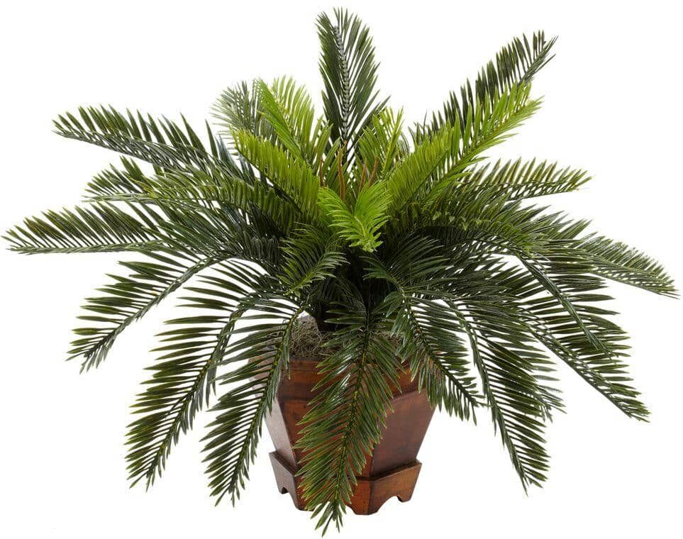 Nearly Natural 15 in. Artificial H Green Cycas with Hexagon Vase Silk Plant