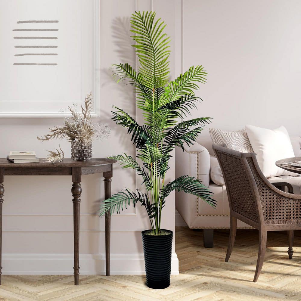 LCG SALES 6 ft. Palm in Deco Ribbed Metal Planter