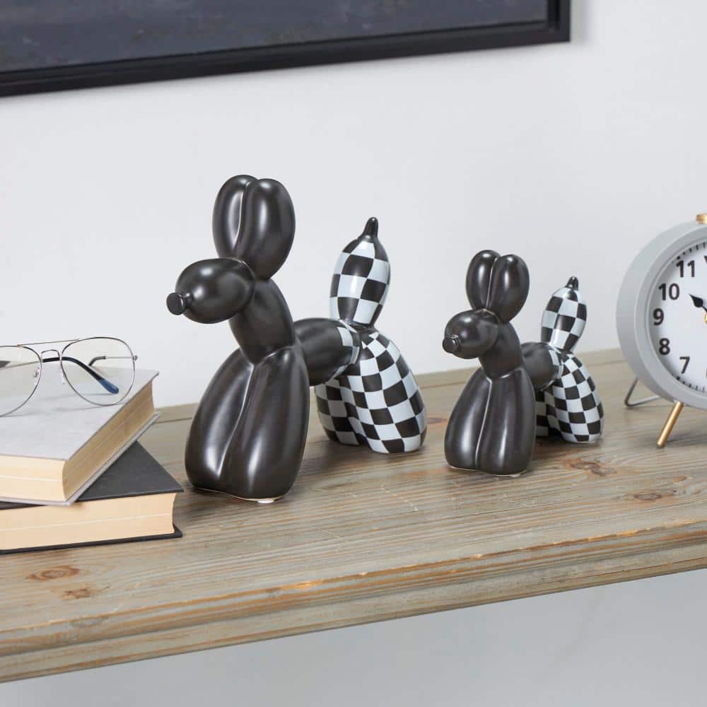 Litton Lane Black Ceramic Balloon Dog Sculpture with Checkered Accents (Set of 2)
