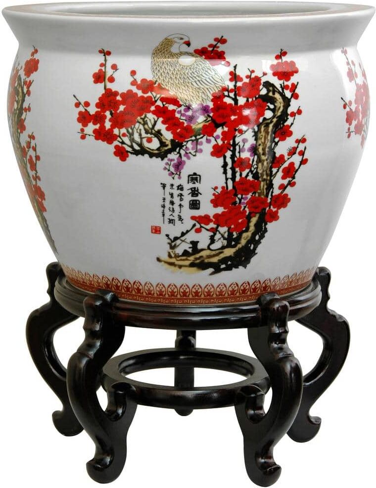 Oriental Furniture 16 in. Cherry Blossom Porcelain Fishbowl