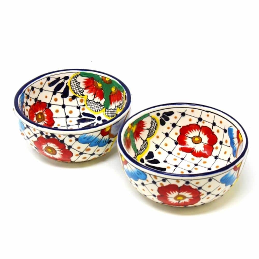 Global Crafts 5.5 in. Red and Blue Dots and Flowers Traditional Handmade Mexican Pottery Bowls (Set of 2)